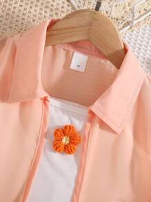 SHEIN 2pcs/Set Young Girl 3D Flower Decor Camisole Shorts + Jacket,For Spring Break - Orange - View 6