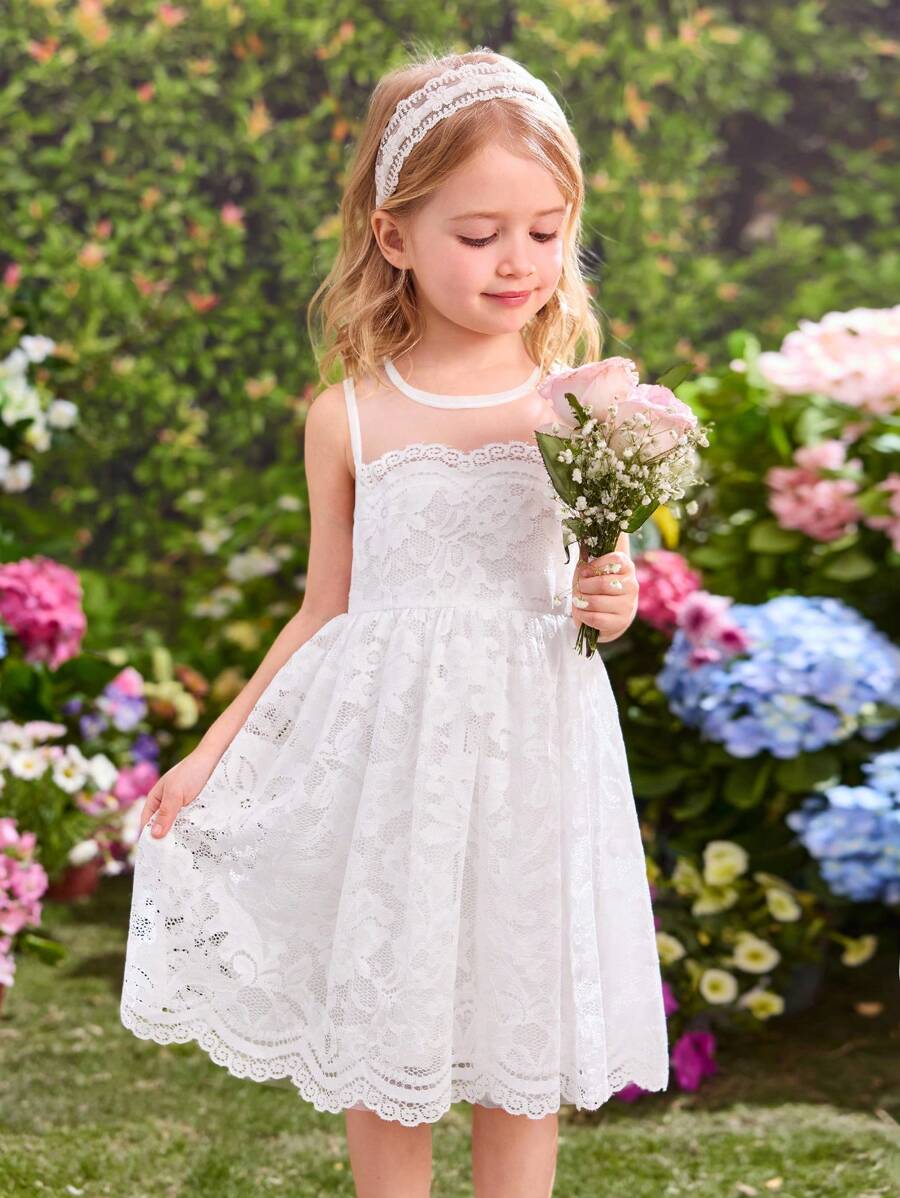 SHEIN Váy yếm ren trắng đáng yêu cho bé gái tuổi teen, mùa hè - trắng - Xem 1