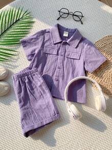 SHEIN Leap Crew 2pcs/Set Baby Boy Summer Cute Casual Purple Short Sleeve Shirt & Shorts Set, Suitable For Birthday Party, Evening Party, Performance, Wedding, Baby Shower, And 1st Birthday Celebration - Multicolor - View 4