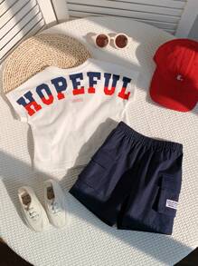 SHEIN 2 件装男宝宝夏季休闲运动可爱字母针织短袖上衣和松紧腰短裤套装 - 彩色 - 查看 4