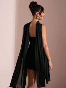 SHEIN BAE 夏季海滩度假优雅纯黑色深 V 领缎带迷你连衣裙，适合日常约会、夜间外出、夜总会、派对、聚会、鸡尾酒会、节日连体裤、泳池派对、办公室穿着、通勤连衣裙