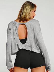 VARSITIE 女士纯色圆领蝙蝠袖镂空宽松休闲运动 T 恤 - 淺灰色 - 查看 2