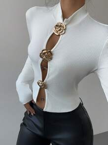 Aloruh Women Small Collar Metal Rose Decor Hollow T-Shirt, Autumn/Winter New Arrival