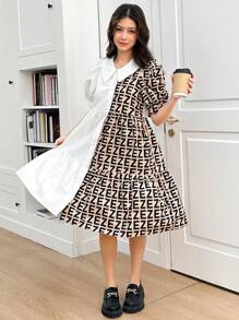 SHEIN Leap Crew Vestido midi con cuello de solapa impreso, mangas abullonadas y bajo en línea A, con estilo relajado y elegante para la vuelta al colegio de chicas adolescentes - Multicolor - Ver 6
