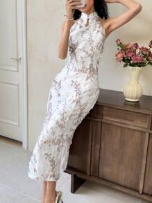 EastFlair 女士旗袍领长裙，3D花卉工艺