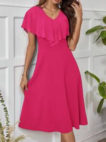 Ellevyn Ladies' Mid-Length Pink Dress With Ruffle Hemline, Valentine's Day Outfit - Hot Pink - View 7