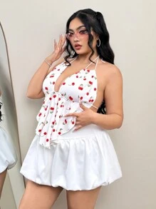 SHEIN ICON Blusa de talla grande con estampado de cerezas, con cuello halter y espalda descubierta