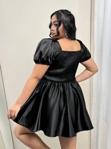 SHEIN ICON Vestido evasé con mangas abullonadas y cintura anudada, talla grande, en negro, para la temporada de bodas, vestido de primavera