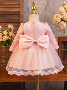 Glamorique Kids Baby Girl Lace Long Sleeve Tulle Puff Dress, Satin Wedding Flower Girl Dress, Christening Gown - Pink - View 2