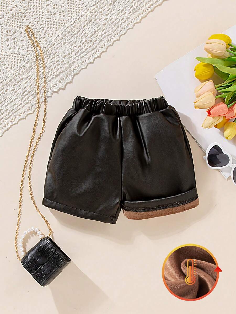 2-4T Baby Girl Faux Leather Pants, Short Style, Thick Thermal Lined, Comfortable & Fashion For Autumn/Winter - Coffee Brown - View 1