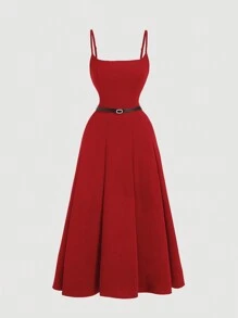SHEIN MOD 大码女式红色开叉下摆中长吊带背心中长连衣裙 - 紅色 - 查看 1