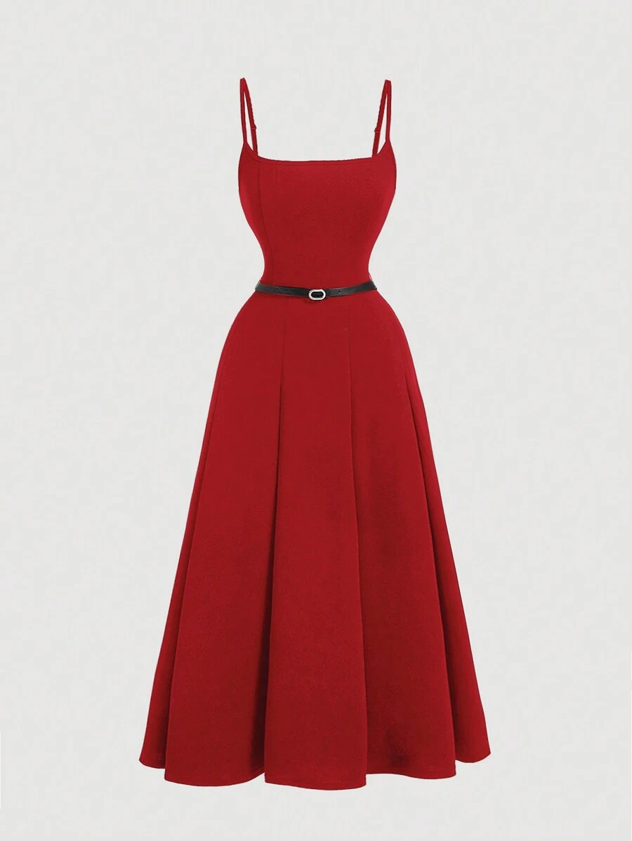 SHEIN MOD 大码女式红色开叉下摆中长吊带背心中长连衣裙 - 紅色 - 查看 1