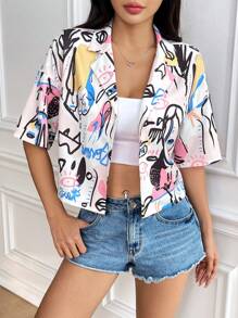 Muchica Blusa/camisa de mujer de manga corta con cuello, hombros caídos y corte cropped con estampado gráfico y botones - Multicolor - Ver 5
