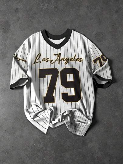 Aesthetic Post Men's Streetwear Academy INS Best-Selling T-Shirt.Men's Sports Oversized Print Loose Fit T-Shirt,Men's White Vertical Striped Short-Sleeved T-Shirt With A Black V-Neck Design And Eye-Catching "Los Angeles" Letters And "79" Number Prints. It Is Full Of Retro Baseball Style And Is Fashionable And Casual.