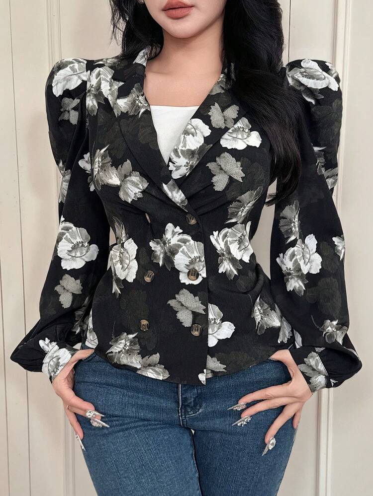 Floral Chiffon Balloon Sleeve Blouse For Women,Fall Women Clothes Long Sleeve Top