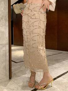 DAZY 女士优雅通勤亮片流苏装饰直筒裙，适合舞会、新年、嘉年华等场合 - 杏色 - 查看 5