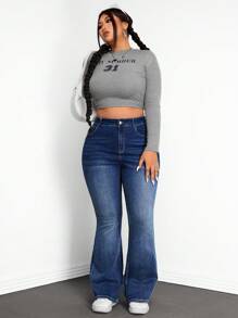 SHEIN ICON Plus Size Front Button Pocket Simple Flare Jeans, Casual Everyday Wear - Dark Wash - View 6