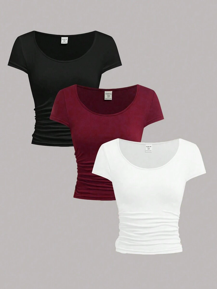 SHEIN Bộ áo phông 3 màu (Đen/Trắng/Xám) cho bé gái tuổi teen (Nữ) giản dị đa năng tối giản đô thị bó sát - Nhiều màu - Xem 1