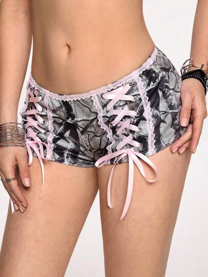 Grunge Punk Y2K Sexy Hot Sling Hollow Out Lace Patchwork Camouflage Contrast Color Leggings Shorts