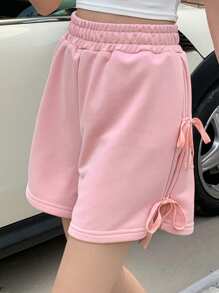 DAZY Pantalones cortos sueltos de mujer casuales de unicolor con lazo en la cintura