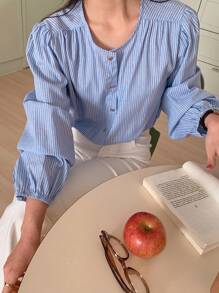 DAZY Women's Round Neck Puff Sleeve Striped Detailed Shirt Long Sleeve Top - Blue - View 6