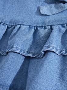 SHEIN 年轻女孩可爱蓝色牛仔分层荷叶边下摆裙，女童春夏休闲度假乡村波西米亚风服装，女童沙滩装 - 中等水洗藍 - 查看 4
