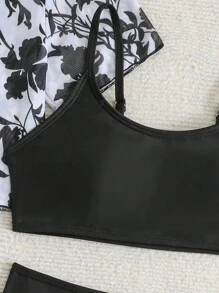 Bikini de unicolor con vestido estampado floral como cobertor para niñas preadolescentes - Blanco y Negro - Ver 4