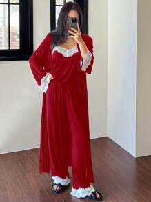 DAZY 3pcs Set Contrast Color Lace Patchwork Camisole Robe And Pajama Pants Nightwear Suit Christmas,New Year