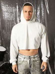 FeverCity Men's Solid Color Casual Short Loose Fit Knitted Hooded Sweatshirt - White - View 4