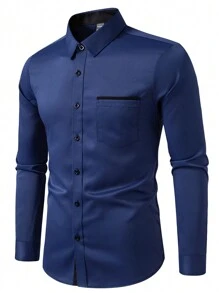 Manfinity Mode Men Casual Solid Color Simple & Fashionable Everyday Shirt, For Fall, Long Sleeve Top - Navy Blue - View 3