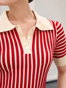 BizChic 女式条纹 Polo 领短袖毛衣，都市通勤商务休闲基本款上衣，秋冬优雅外套