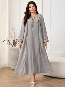 Al Najma Plus Size Women's Splice Ribbon Trim Loose Long Sleeve Traditional Arabic Style Dress, Modest Kaftan - Grey - View 4