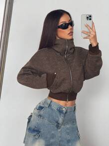 StreetHx Women Turtleneck Street Style Open Front Hoodie With Fleece Fabric & Kangaroo Pocke - Coffee Brown - View 6