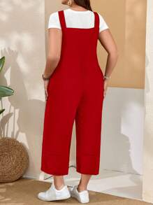 EMERY ROSE 大码女式红色工装裤，带可调节肩带、纽扣开合和开衩裤腿口袋，适合春季穿着 - 紅色 - 查看 2