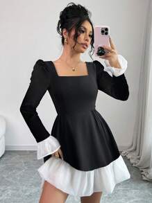 SHEIN Clasi Plus Size Solid Color Block Square Neck Long Sleeve Casual Black And White Mini Dress - Black - View 1