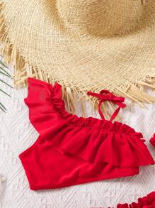 SHEIN 3 件套 Tween 女童纯色荷叶边短款吊带背心、针织三角短裤和蝴蝶结点缀短款泳衣，红色，女童泳衣