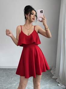 SHEIN Elenzya 女士简约时尚休闲日常通勤直筒连衣裙 - 紅色 - 查看 3