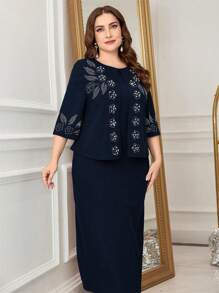 Lacomfia Plus Size Dress With Studded Rhinestones And Bead Decorations Maxi Women Outfit - Navy Blue - View 6
