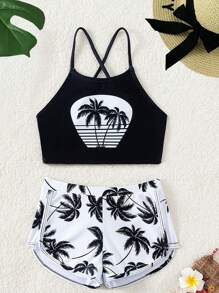 SHEIN Tween Girl Swimwear 2 Pieces Set, Cute Front Coconut Tree Design Shorts - Multicolor - View 7