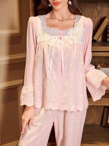 PalaceNights Kontrast-Farbband Schleife Stickerei Top & Lange Hose Damen Schlafanzug Set Urlaubssaison, Herbst Winter Kleidung