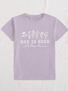 INAWLY 上帝永远善良，野花图案圆领直肩女式印花短袖 T 恤图案 T 恤女式上衣 - 紫丁香色 - 查看 3