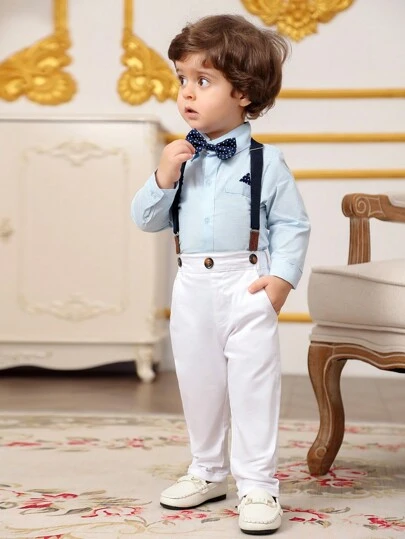 Set de 2 piezas para bebés niños, camisa de manga larga azul con cuello y moño, pantalones tipo peto blancos, diseño elegante y minimalista, adecuado para fiesta, boda al aire libre, cumpleaños, recital de piano, actuación de coro