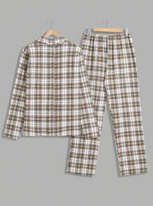 RueChic Men Cotton Plaid Printed With Button Regular Homewear Shirt Set - Multicolor - View 2