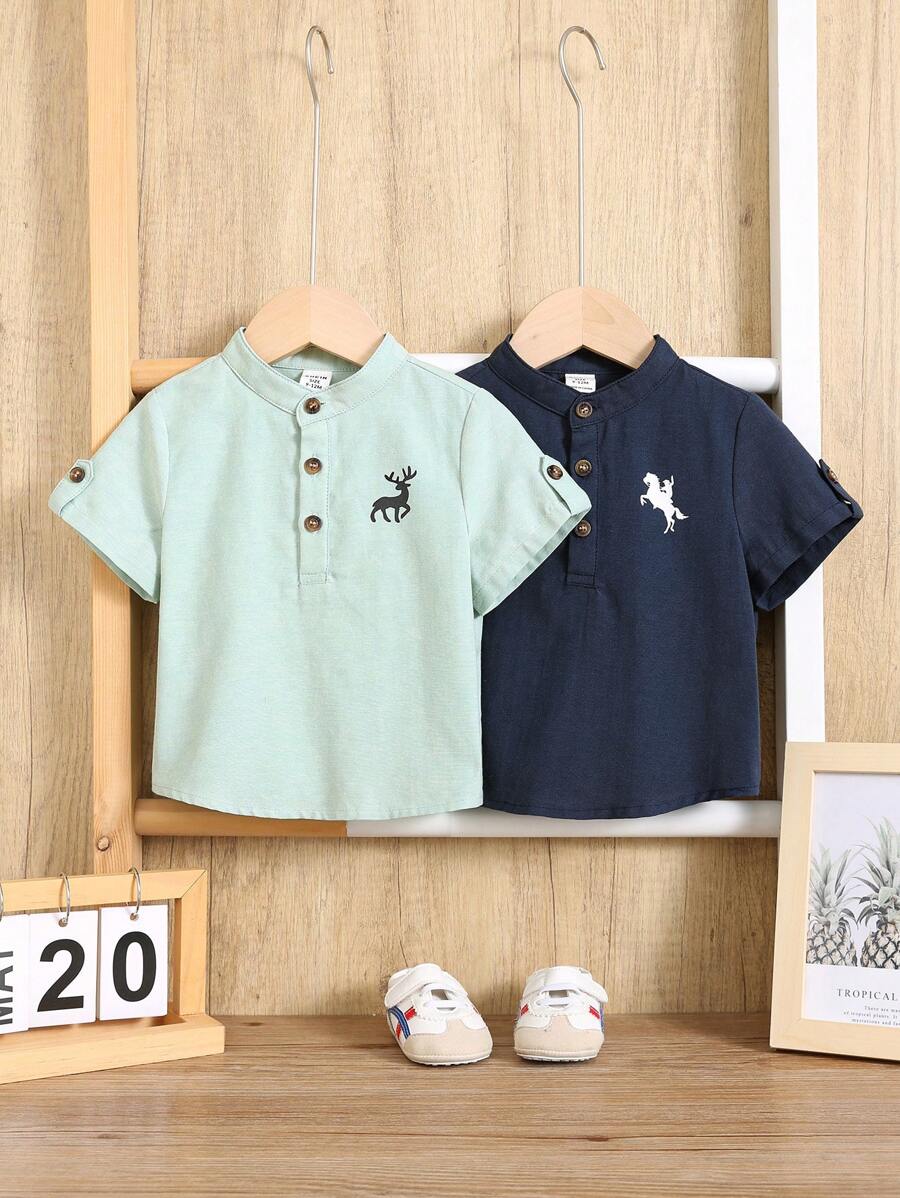 SHEIN Leap Crew 2pcs Baby Boy Cartoon Horse Pattern Knitted Soft Lapel Short Sleeve Half-Button Front Top Set - Multicolor - View 1
