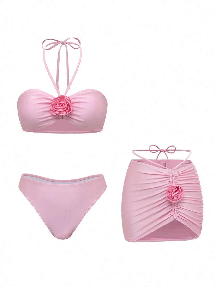 SHEIN Swim Oasis Women's 3pcs Hot Pink Sexy Bikini Set