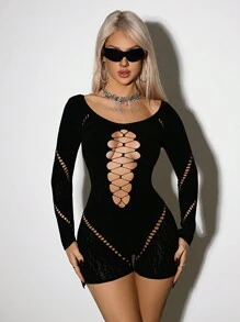 SHEIN ICON Bộ đồ liền thân dài tay gợi cảm cho nữ, thời trang tối giản, trang phục thường ngày - màu đen - Xem 7