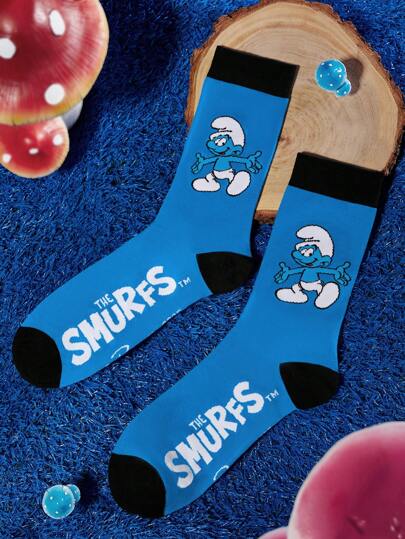 SHEIN X The Smurfs Fashionable Breathable Soft Blue Mid-Calf Socks, Reinforced Toe & Heel For Durability, Unisex, All Season