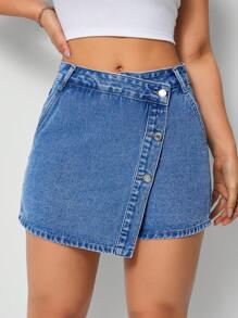 SHEIN Tall Women's Fashion Asymmetric Wrap Washed Denim Skort - Medium Wash - View 5
