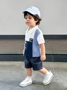 SHEIN Leap Crew 2 件套婴儿夏季休闲简约拼接短袖衬衫和松紧腰短裤套装，适合男婴和女婴 - 藍色 - 查看 3