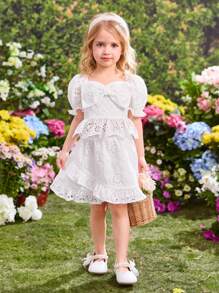 SHEIN Setelan 2 Potong Atasan Lengan Pendek Putih dengan Pita dan Rok Mini untuk Anak Perempuan dari Fern Glow, Liburan Musim Panas - Putih - View 4